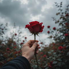 Holding a Single Red Rose Against a Cloudy Sky in Garden