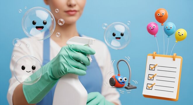Fun Cleaning Day with Cute Cartoon Bubbles Vacuum Balloons Checklist