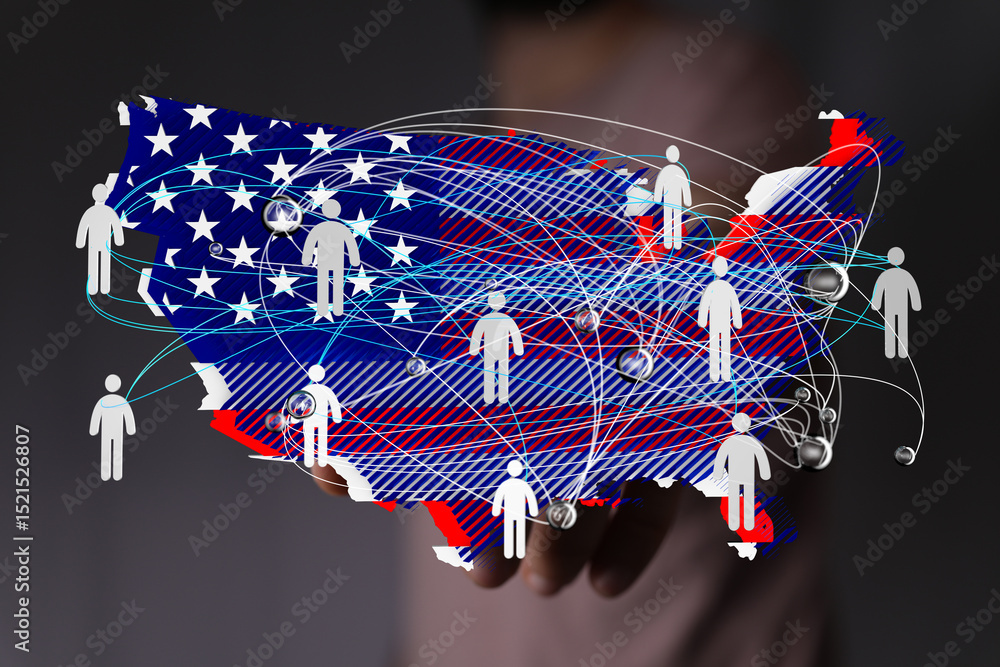 Poster image of a network connecting people across the united states, symbolizing communication and unity.