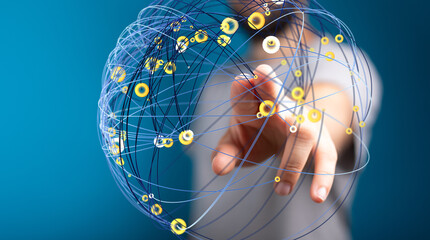 Abstract image of a hand interacting with a digital network sphere, representing global connectivity and data visualization.