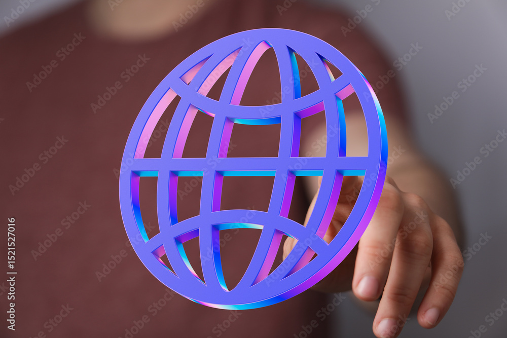Aufkleber person's hand holding a vibrant 3d globe icon, symbolizing global connection and networking.