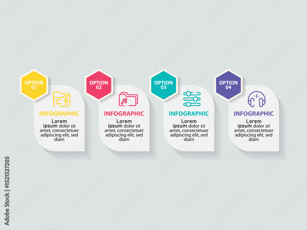 Poster concept of arrow business model with 4 successive steps. 4 colorful graphic elements. timeline desig