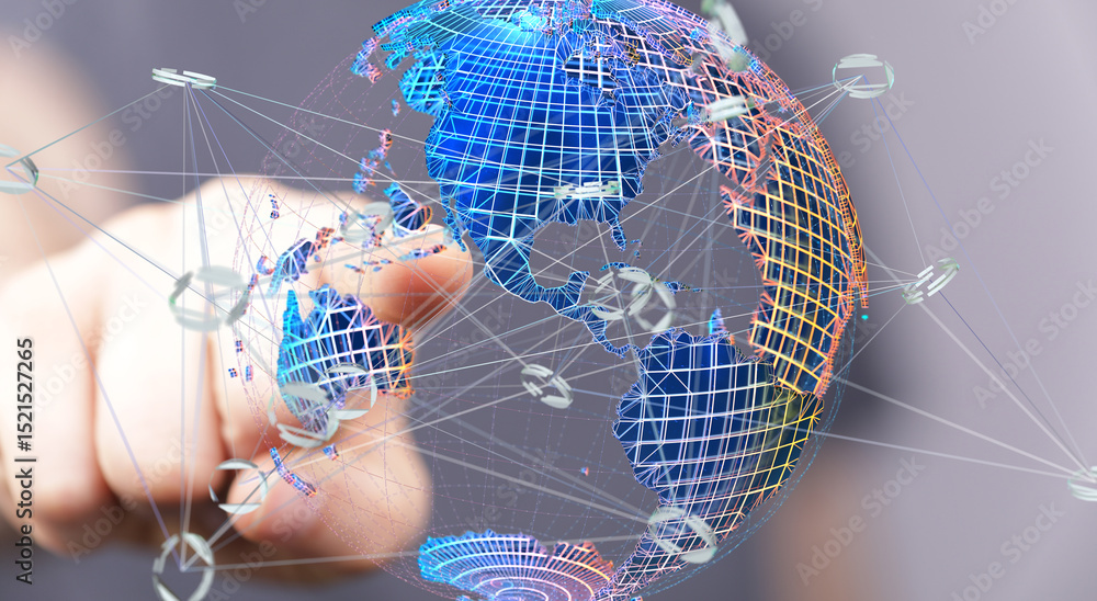 Poster Abstract image of a hand interacting with a digital globe, representing global networking and connectivity.