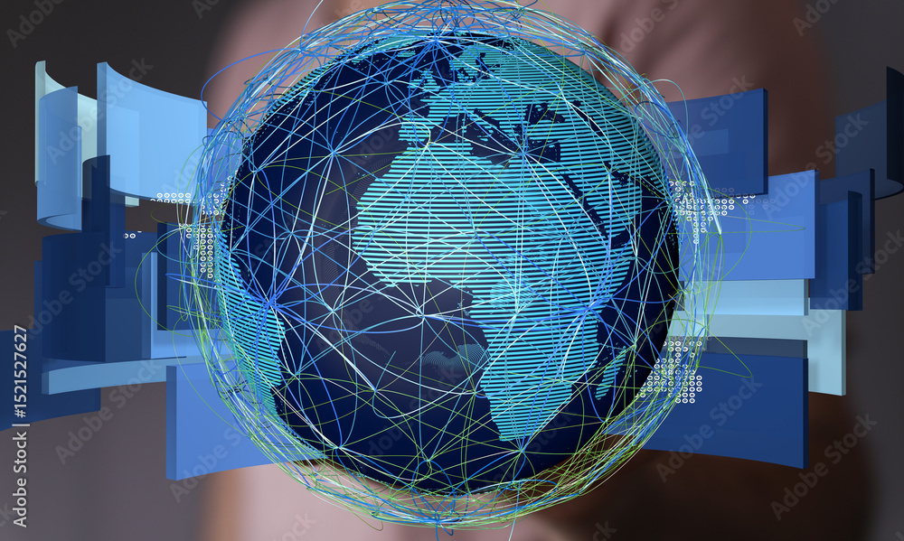 Poster Abstract image of a digital world map with network connections, representing global communication and data.
