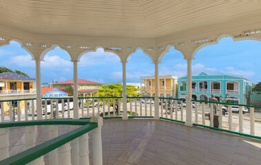 Dominican Republic, colorful colonial streets of Puerto Plata in historic city center.