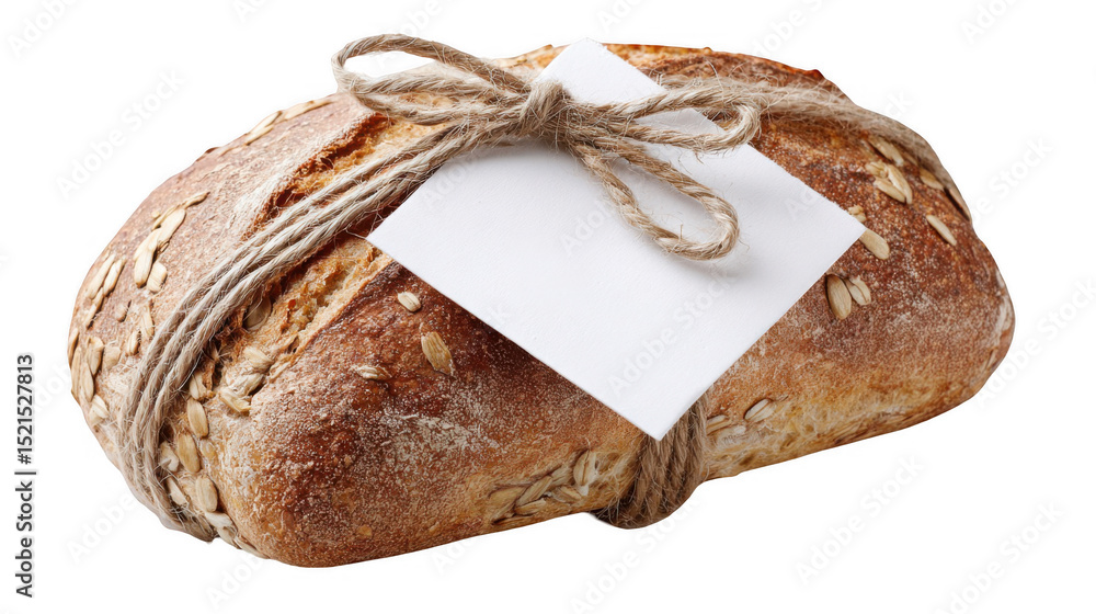 Poster freshly baked whole grain bread tied with rustic twine and featuring a blank white label, presented 
