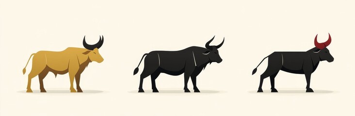 Obraz premium The 2021 year is represented by the ox in the Chinese zodiac, with a set featuring bulls in various styles, including golden, black, and red silhouettes