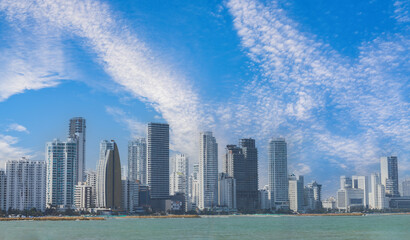 Obraz premium Colombia, scenic Cartagena bay Bocagrande and panorama of financial and business city skyline.