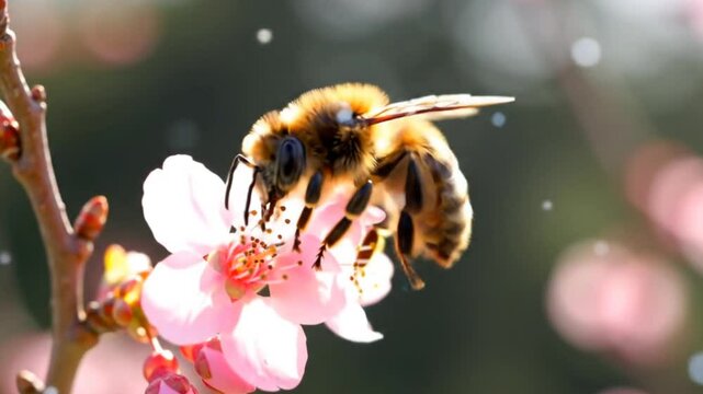 Close-up of honey bee pollinating delicate pink cherry blossom flower in warm sunlight seamless looping 4k time-lapse animation video background