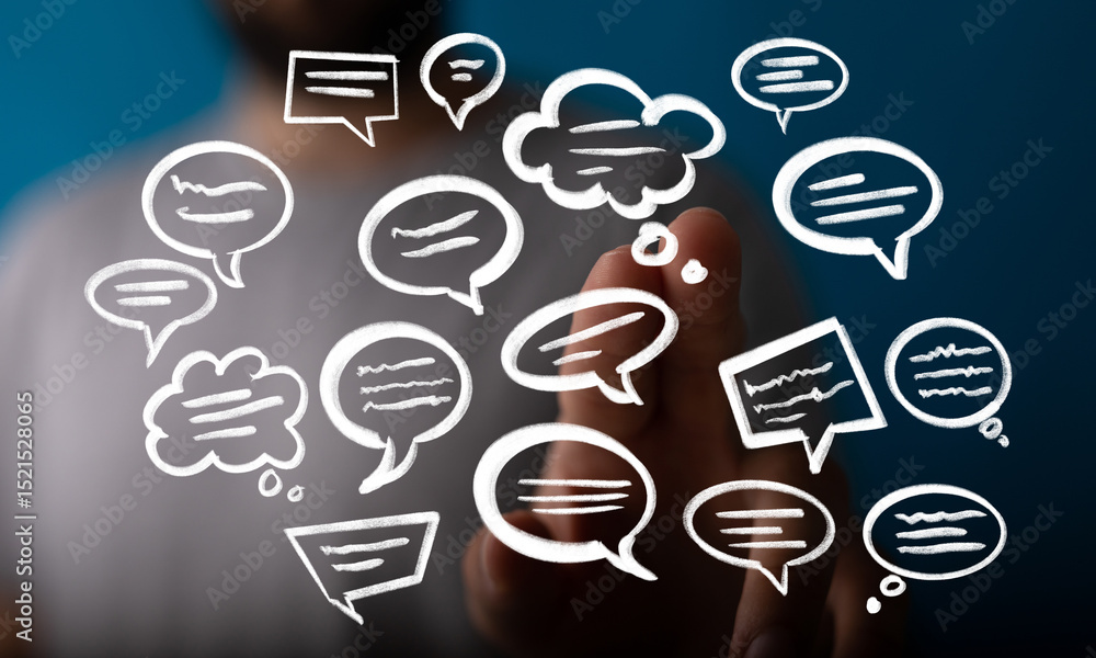 Poster Conceptual image of a person interacting with a network of speech bubbles, symbolizing communication, ideas, and collaboration.