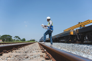 Architect or Builder Overseeing Railway Construction, Construction Engineer Reviewing Blueprints at Site, Professional Worker with Plans at Infrastructure Project