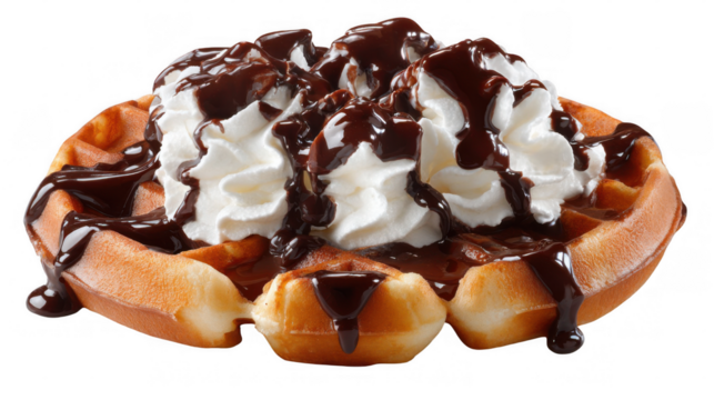 Freshly baked waffle topped with generous swirls of chocolate sauce and fluffy whipped cream, creating a sweet and decadent treat on a transparent background