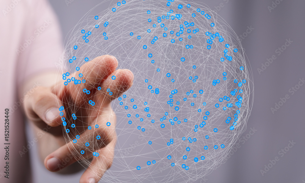 Poster abstract image of a hand interacting with a digital global network. represents connection, technolog