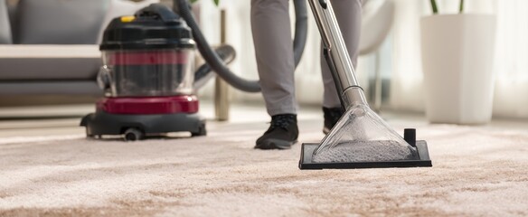 Fototapeta premium The vacuum cleaner efficiently removes dust from the carpet in a cozy living room.
