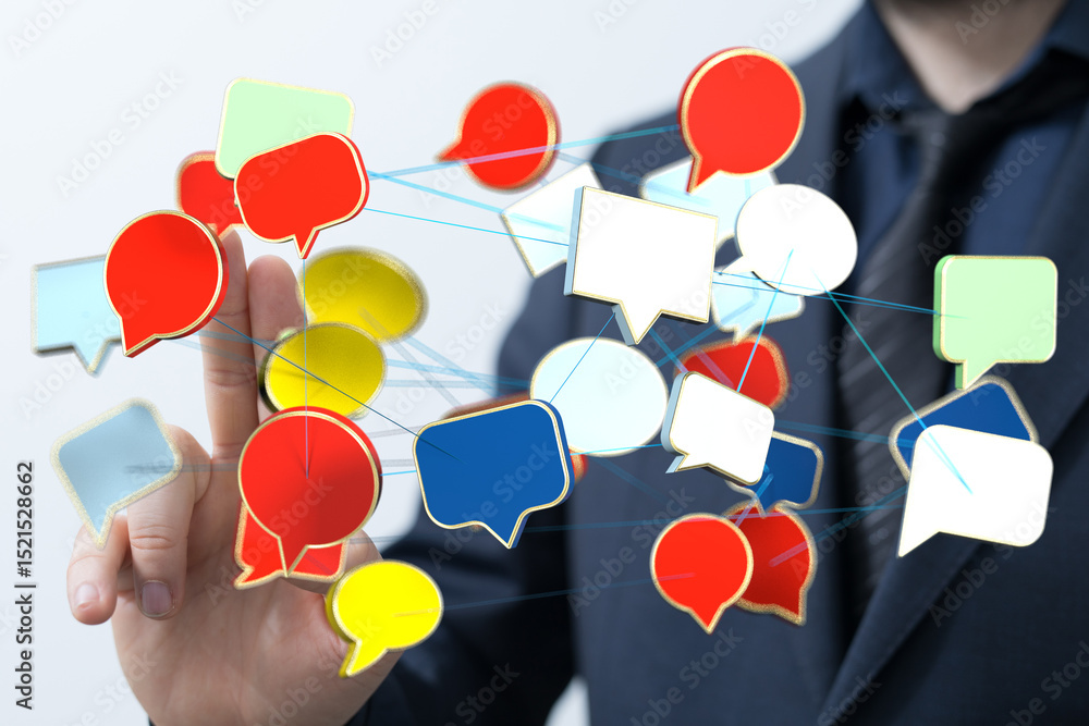 Poster Abstract image of a businessman connecting communication bubbles, symbolizing global networking and collaboration.