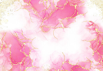 Pink alcohol ink mixed with glitter gold pattern elegant abstract ink flow art with translucent background.