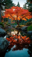 Beautiful autumn leaves reflect in tranquil pond surrounded by trees at sunset in serene garden