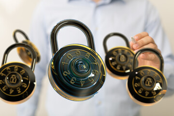 Obraz premium Cybersecurity, data protection, password security, online safety, digital privacy, secure access, combination lock, encryption, data breach prevention.