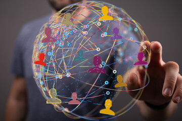 A visual representation of a global network, showing interconnected people.