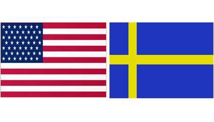 Fototapeta premium USA America Official flag with Sweden national flag, both countries flags in Horizontal shape and isolated on white background Rectangular colorful design Flag with together.