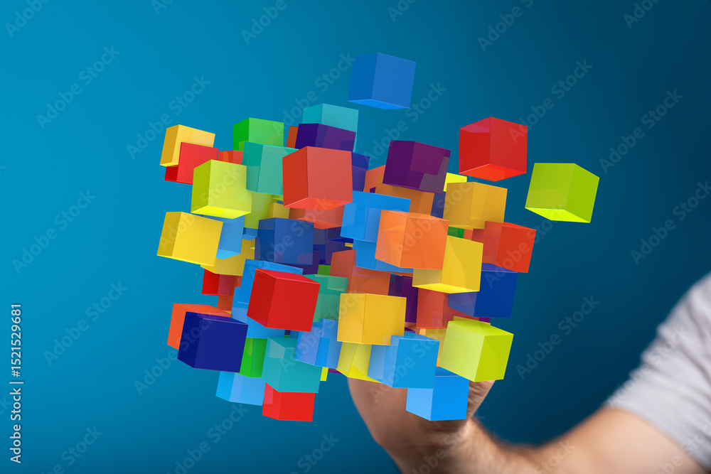 Poster abstract image of colorful cubes symbolizing innovation, creativity, and technology.
