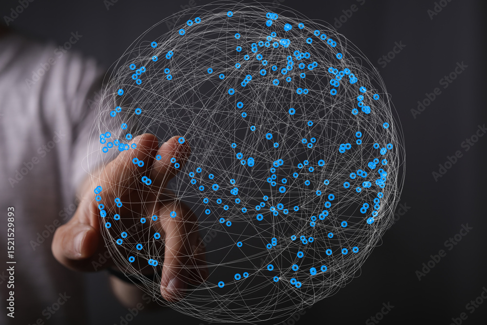Fototapete abstract image of a hand interacting with a digital global network, representing connection and comm