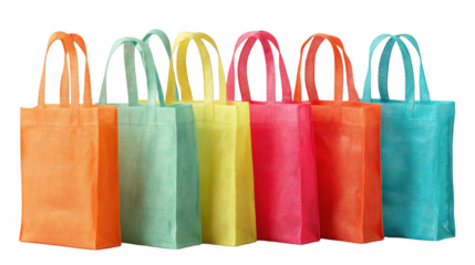 Vibrant reusable shopping bags stand in a row, promoting eco conscious consumerism and reducing plastic waste with their colorful presence on a transparent background