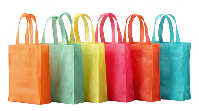 Vibrant reusable shopping bags stand in a row, promoting eco conscious consumerism and reducing plastic waste with their colorful presence on a transparent background