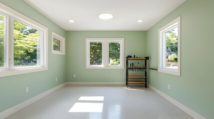 Fototapeta premium Bright Minimalist Interior Room With Sunlight Through Windows