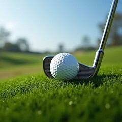 Close-Up Golf Ball and Club on Lush Green Course..