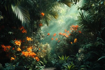 Obraz premium Tropical Forest with Sunlight Illuminating Colorful Flowers and Greenery