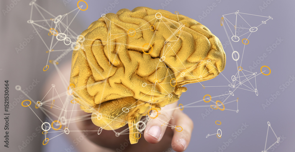 Poster Abstract image of a golden brain model with network connections.  Ideal for AI, neuroscience, and innovation.