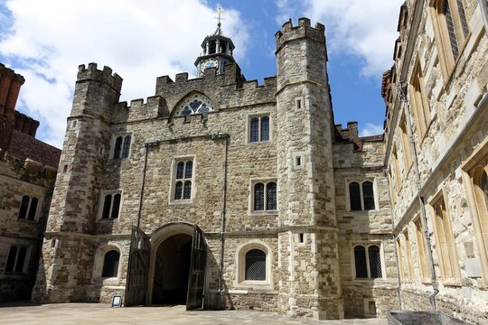 An entrance courtyard at Knole, a British country residence and a previous archbishop's palace situated in Knole Park, southeast of Sevenoaks in west Kent