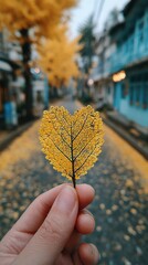 Vibrant yellow heart-shaped leaf held in hand on cobblestone street lined with golden trees in autumn