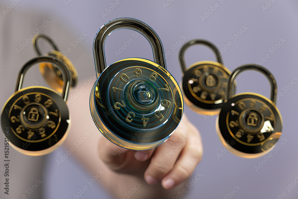 Poster cybersecurity concept. digital combination locks floating, showcasing online data protection.