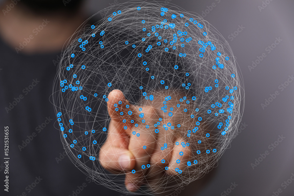 Poster Abstract image of a hand interacting with a digital sphere representing global network connections and data.