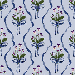 Wild Pansies Forest flowers, Coquette Bows, Vintage ribbon seamless Pattern. satin bow knots Damask