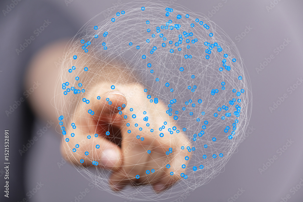 Poster Abstract image of a hand interacting with a digital sphere representing global networking and connectivity.