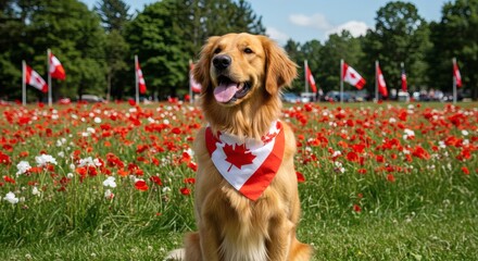 Golden retriever canada day celebration patriotic dog bandana flowers field canadian flags happy canine