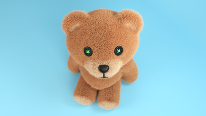 Sitting cute Teddy Bear fluffy toy on blue background. 3D rendered banner.