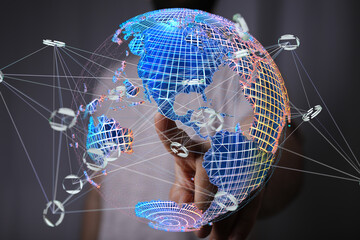 Hand holding a digital globe, showcasing interconnected data points. Global network, communication,...