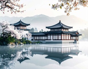 Fototapeta premium Serene Asian Temple Reflecting in Misty Lake During Spring Blossom