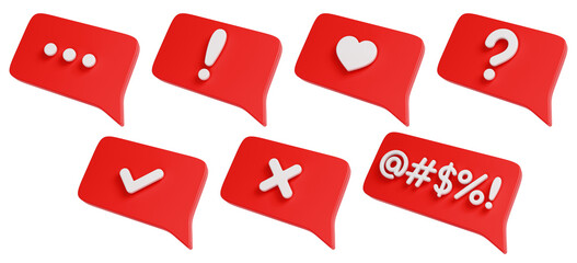 Speech bubble signs set. Red dialog clouds. 3D rendering.