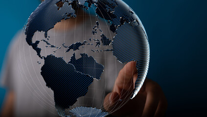 Abstract image of a hand interacting with a digital globe, representing global connections and...