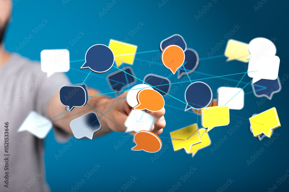 Leinwandbilder hand interacting with a network of speech bubbles, symbolizing global communication and interconnect
