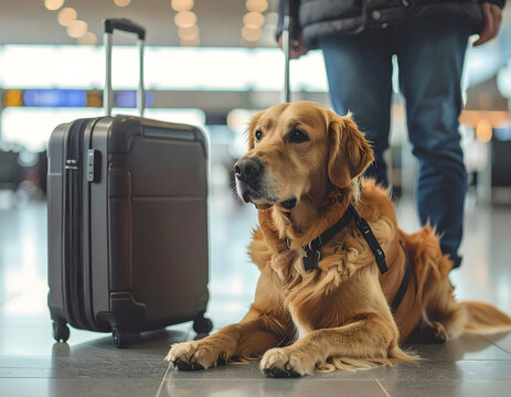Emotional support animal calming anxious traveler at airport – cinematic mental health support scene