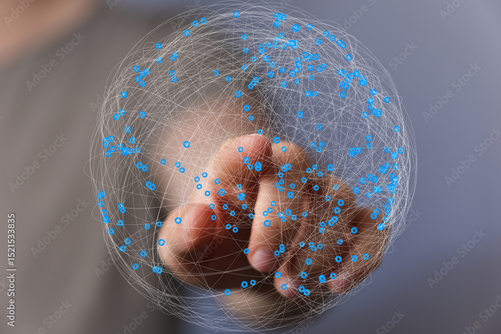 Leinwandbilder Abstract image of a hand interacting with a digital sphere, representing global network connections and data visualization.