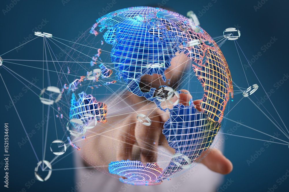 Aufkleber abstract image of a person interacting with a digital globe, showcasing global network and interconn