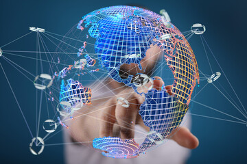 Abstract image of a person interacting with a digital globe, showcasing global network and...