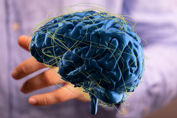 3D illustration of a human brain with neural network connections.  Ideal for AI, neuroscience, and...